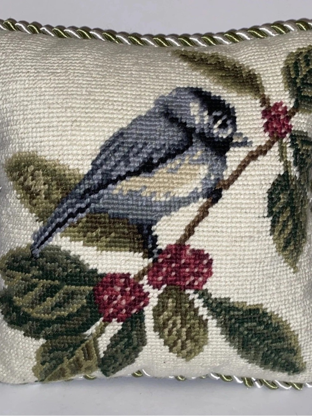 Vintage Needlepoint Pillow Bird Leaves Berries Accent Pillow W Trim 9" × 9"